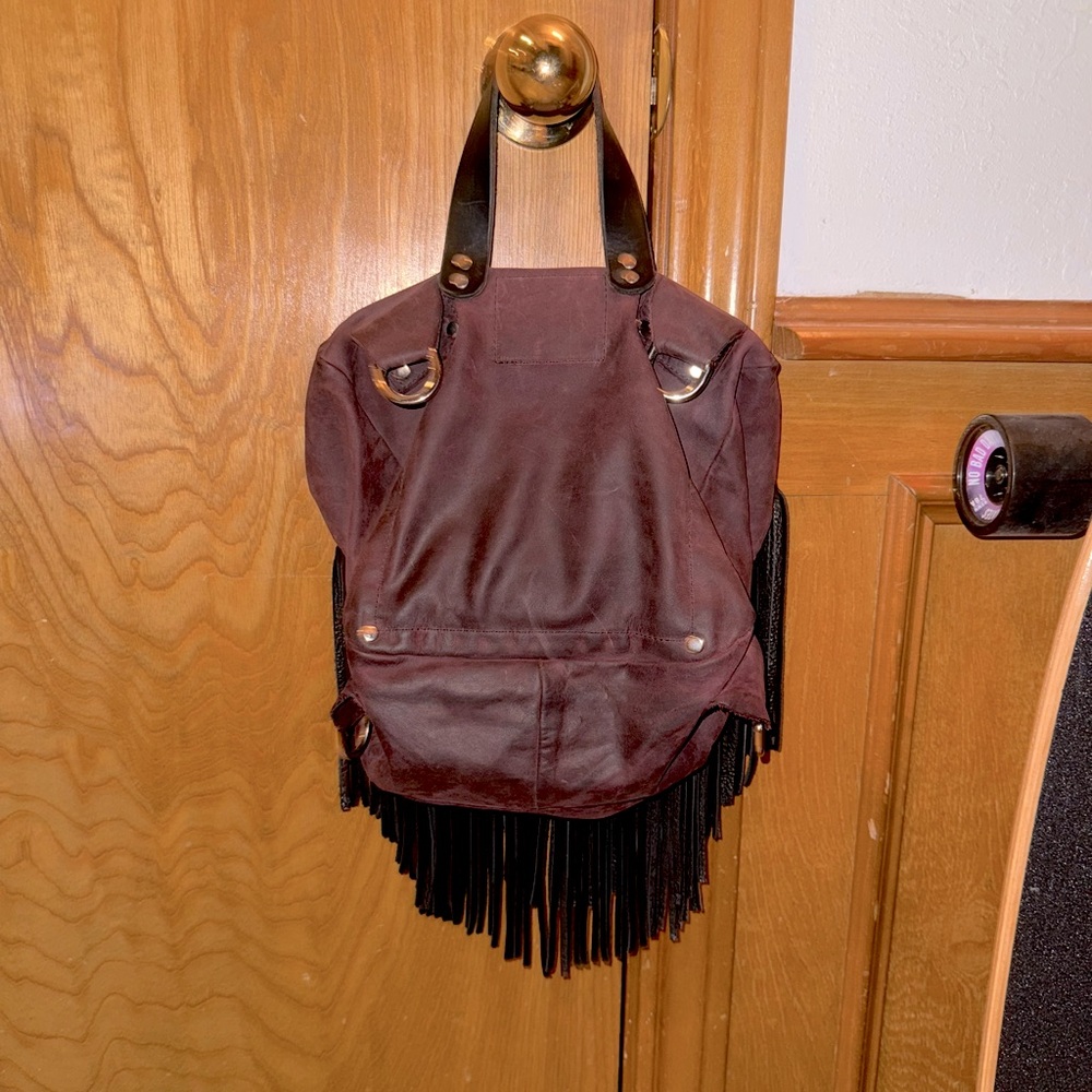 Birdtrouble 100% leather Mini Melissa purple&black pebbled bison fringe backpack - Picture 12 of 12